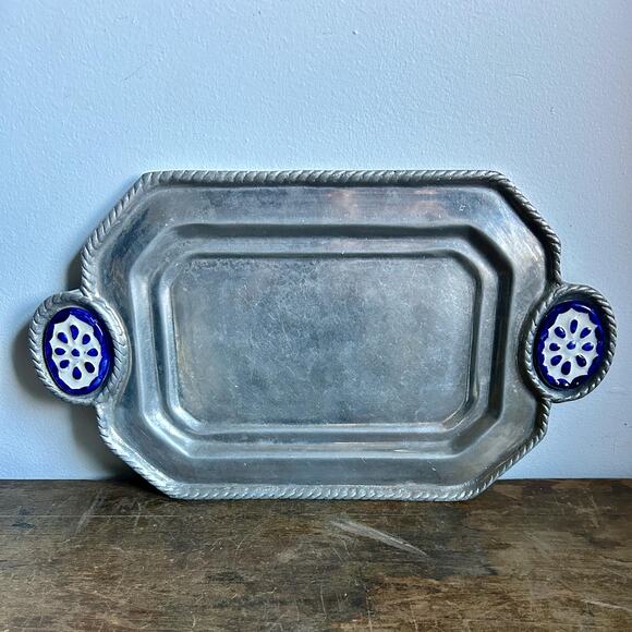 Vintage Solid Pewter Tray with Blue and White Ceramic Tile Accents | Farmhouse - Picture 1 of 5